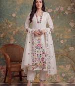 white cotton thared work sequins work have a linin kurta pant dupatta set