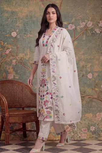 white cotton thared work sequins work have a linin kurta pant dupatta set