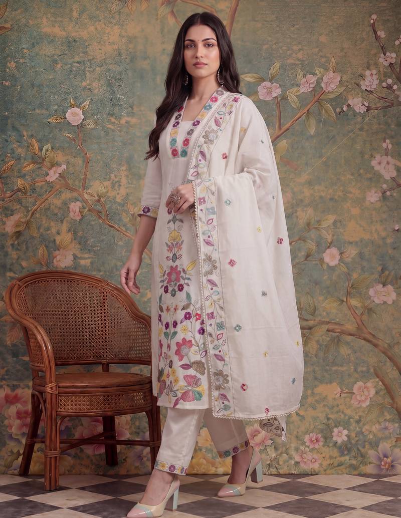 white cotton thared work sequins work have a linin kurta pant dupatta set