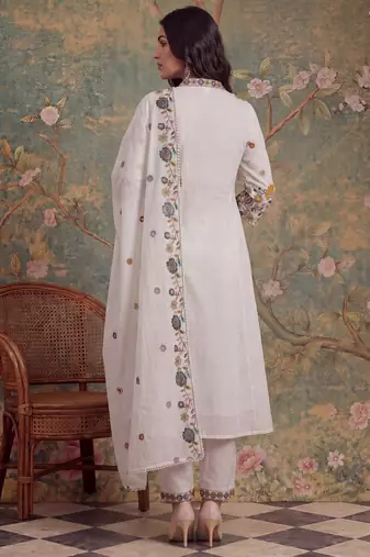 white cotton thared work sequins work have a linin kurta pant dupatta set