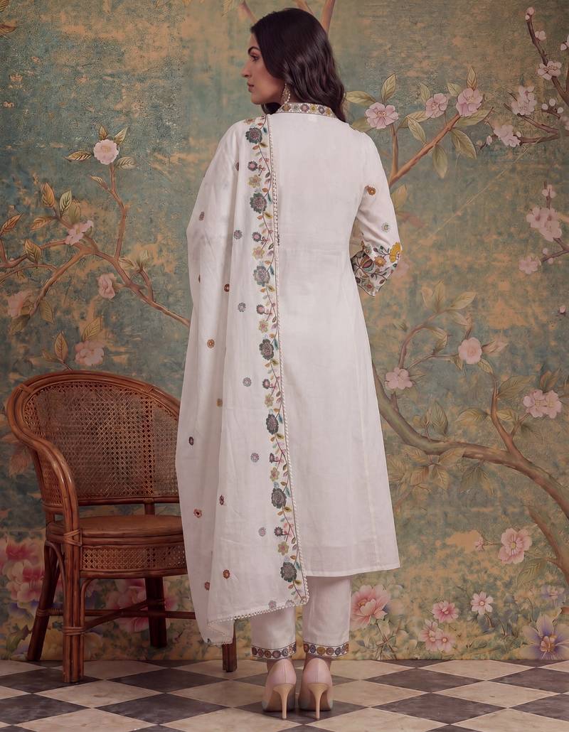white cotton thared work sequins work have a linin kurta pant dupatta set