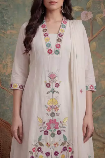 white cotton thared work sequins work have a linin kurta pant dupatta set