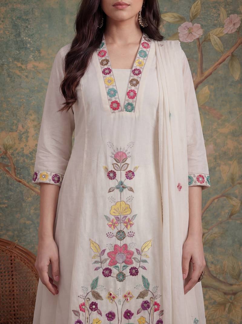 white cotton thared work sequins work have a linin kurta pant dupatta set