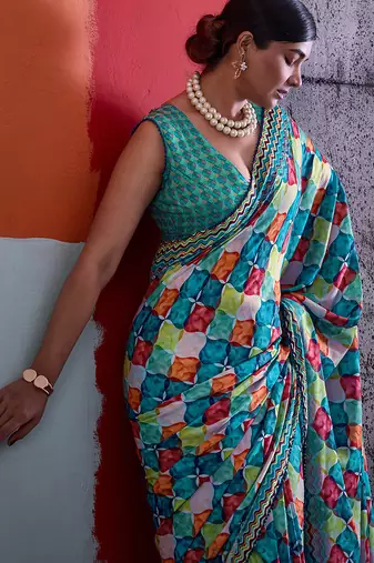 Multi-colour cotton crepe geometrical printed saree