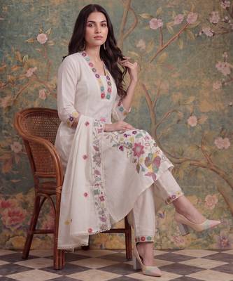 white cotton thared work sequins work have a linin kurta pant dupatta set 5