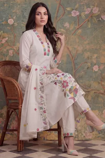 white cotton thared work sequins work have a linin kurta pant dupatta set