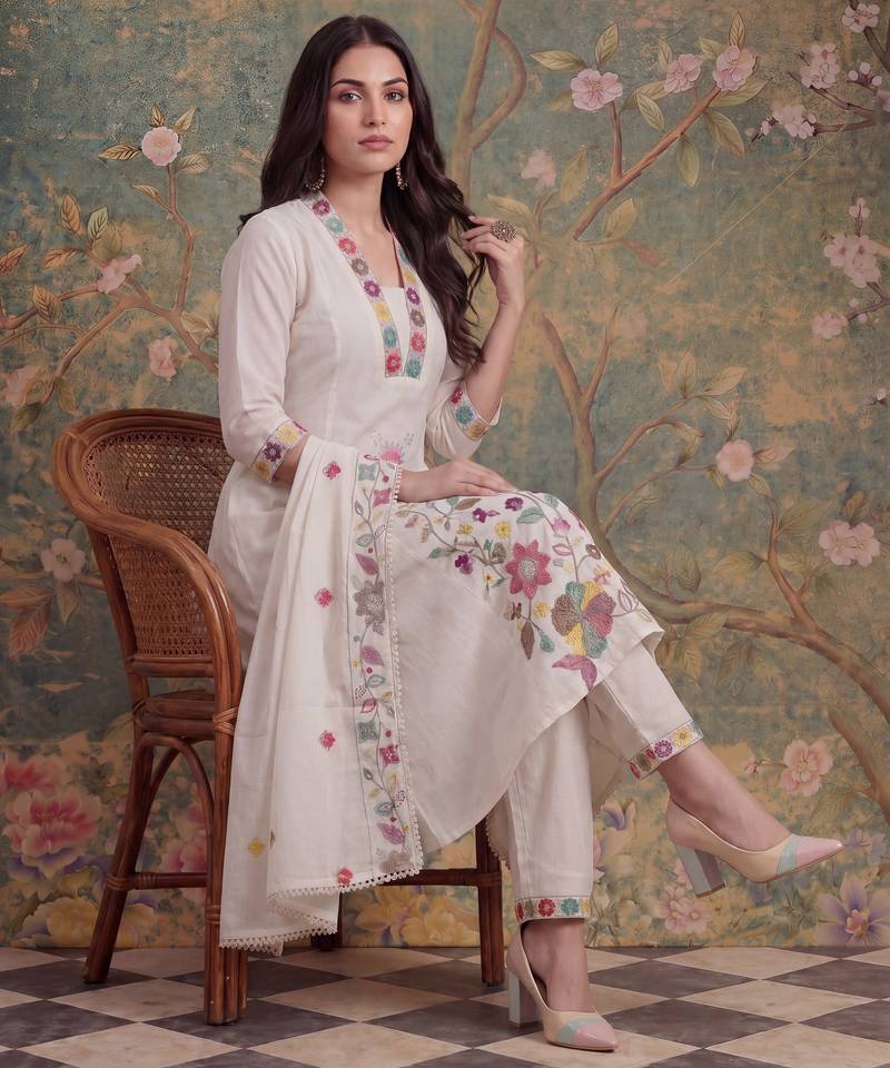 white cotton thared work sequins work have a linin kurta pant dupatta set