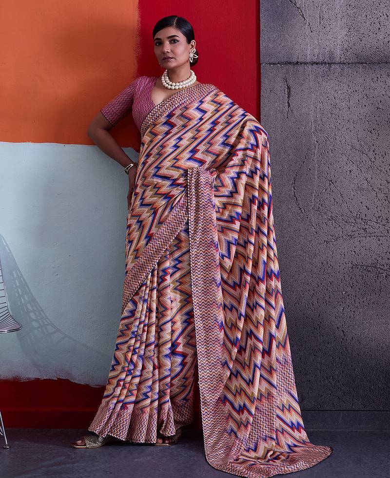 Multi-colour cotton crepe geometrical printed saree