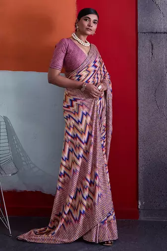 Multi-colour cotton crepe geometrical printed saree