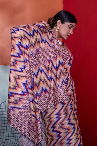 Multi-colour cotton crepe geometrical printed saree