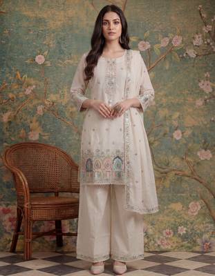 cream cotton thared work  kurta pant dupatta set 1