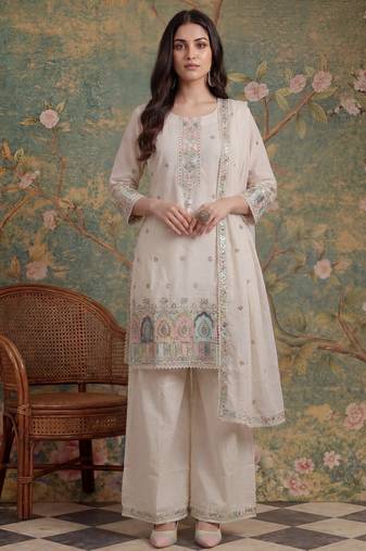 cream cotton thared work  kurta pant dupatta set