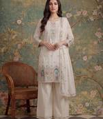cream cotton thared work  kurta pant dupatta set