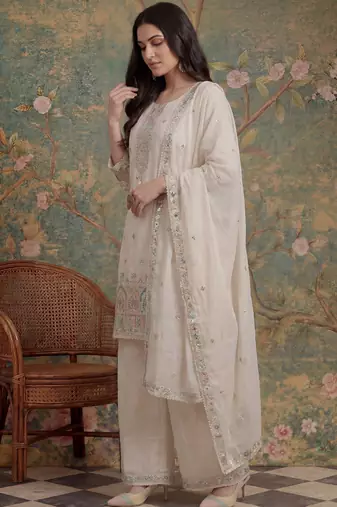 cream cotton thared work  kurta pant dupatta set