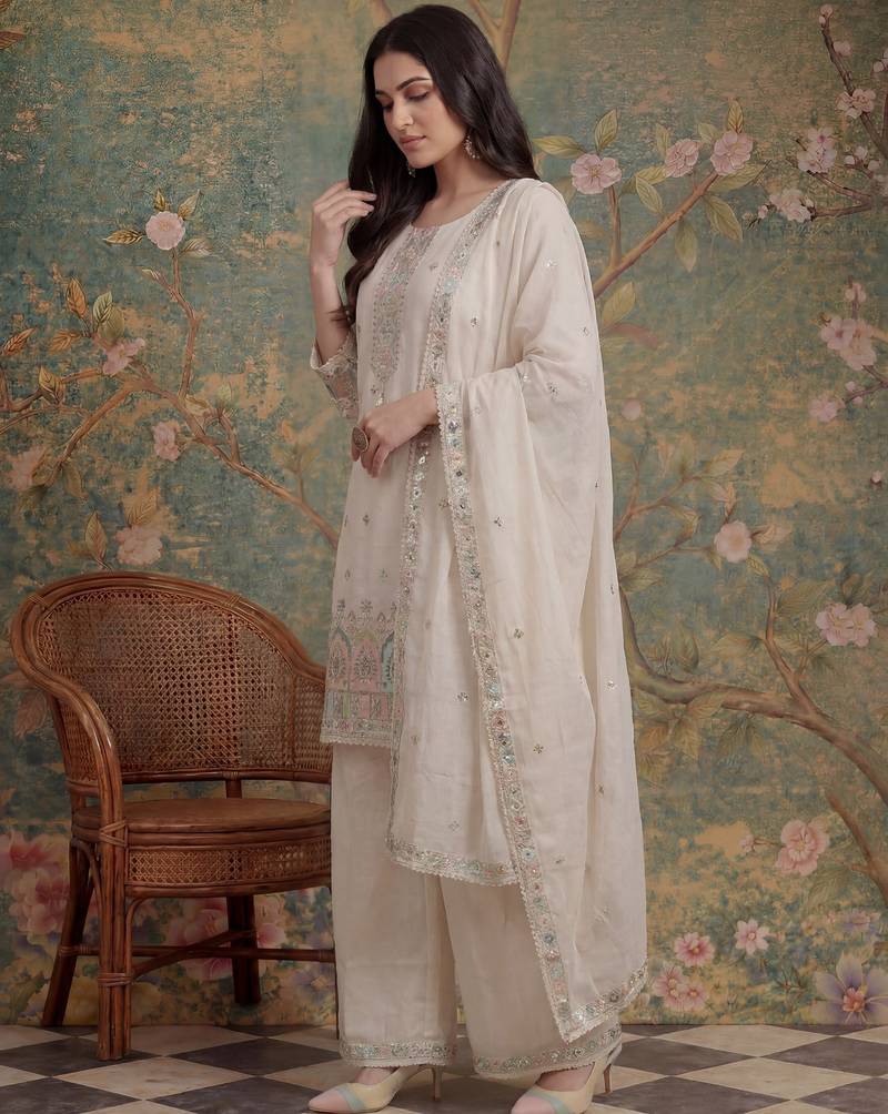 cream cotton thared work  kurta pant dupatta set
