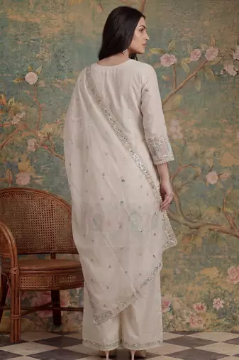 cream cotton thared work  kurta pant dupatta set