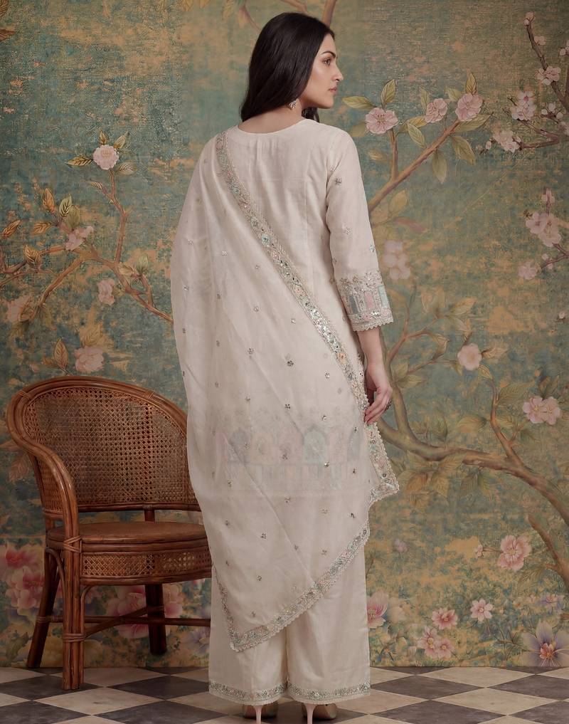 cream cotton thared work  kurta pant dupatta set