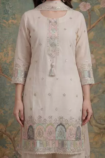 cream cotton thared work  kurta pant dupatta set