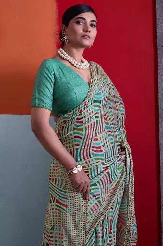 Teal green cotton crepe geometrical printed saree