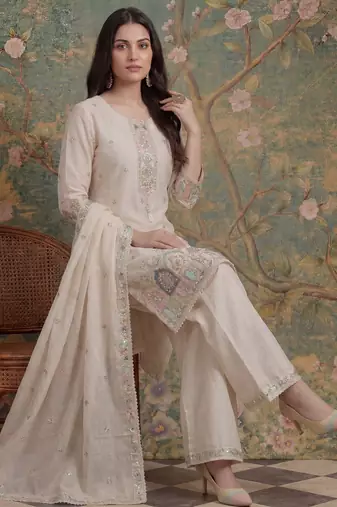 cream cotton thared work  kurta pant dupatta set