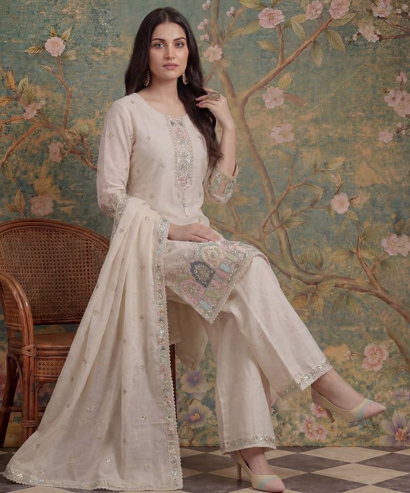 cream cotton thared work  kurta pant dupatta set