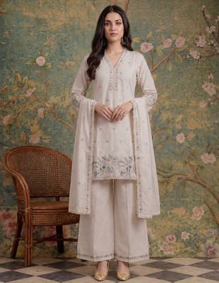 cream cotton thared work  kurta pant dupatta set 1