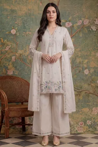 cream cotton thared work  kurta pant dupatta set