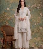 cream cotton thared work  kurta pant dupatta set