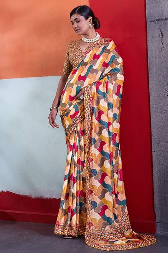 Mustard cotton crepe geometrical printed saree