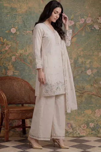 cream cotton thared work  kurta pant dupatta set