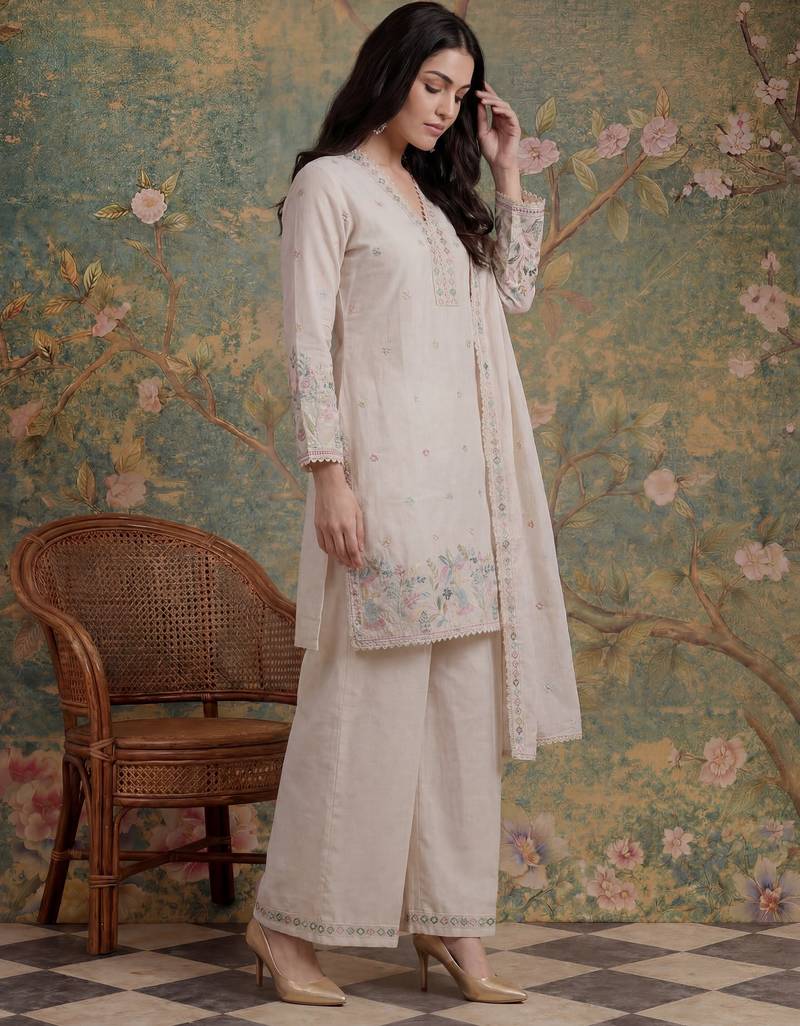 cream cotton thared work  kurta pant dupatta set