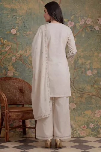 cream cotton thared work  kurta pant dupatta set