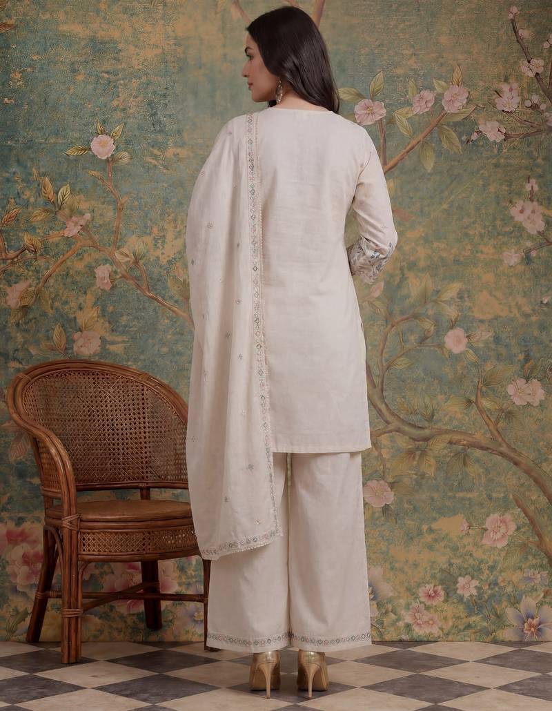 cream cotton thared work  kurta pant dupatta set