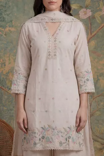 cream cotton thared work  kurta pant dupatta set