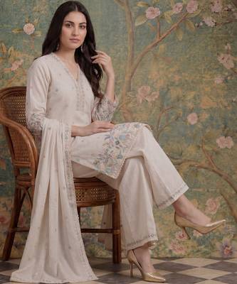 cream cotton thared work  kurta pant dupatta set 5