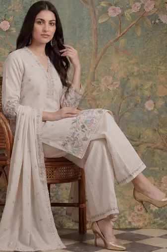 cream cotton thared work  kurta pant dupatta set