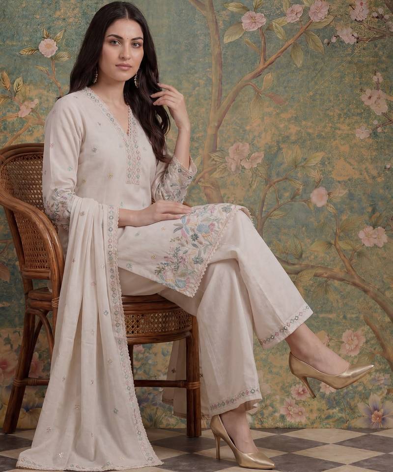 cream cotton thared work  kurta pant dupatta set