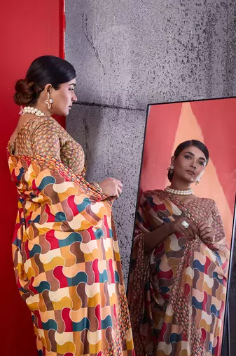 Mustard cotton crepe geometrical printed saree