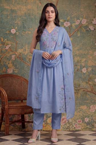 lavender mull chanderi have a lining pleated kurta dupatta pant set