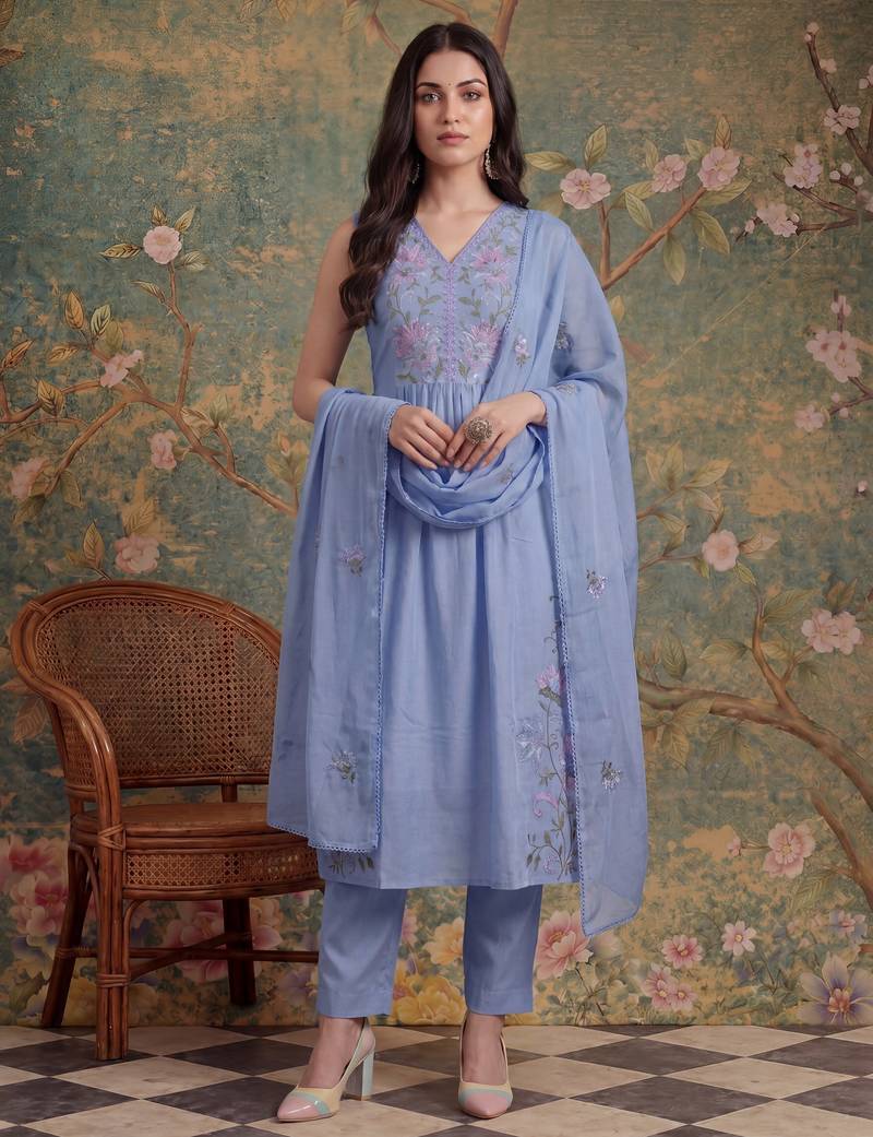 lavender mull chanderi have a lining pleated kurta dupatta pant set