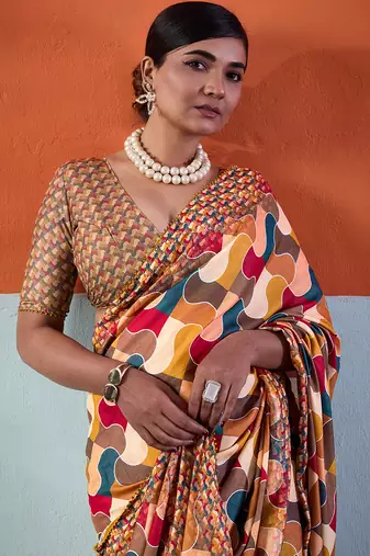 Mustard cotton crepe geometrical printed saree