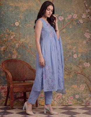 lavender mull chanderi have a lining pleated kurta dupatta pant set 2