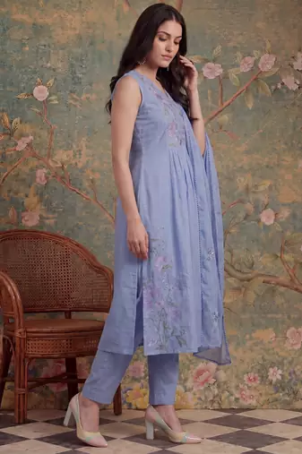 lavender mull chanderi have a lining pleated kurta dupatta pant set