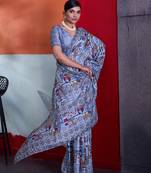Blue cotton crepe geometrical printed saree