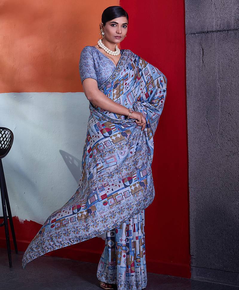 Blue cotton crepe geometrical printed saree