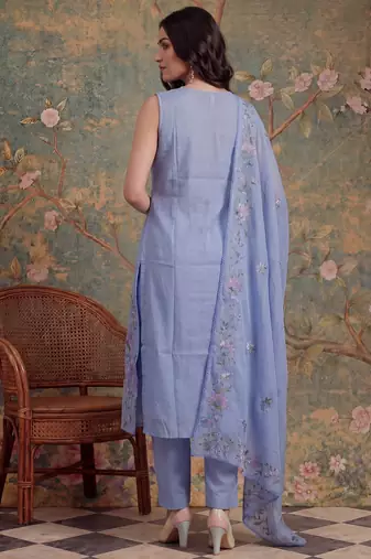 lavender mull chanderi have a lining pleated kurta dupatta pant set