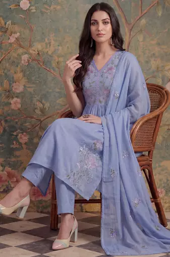 lavender mull chanderi have a lining pleated kurta dupatta pant set