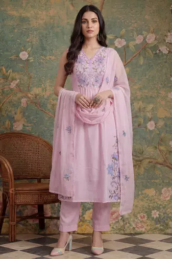 pink mull chanderi have a lining pleated kurta dupatta pant set