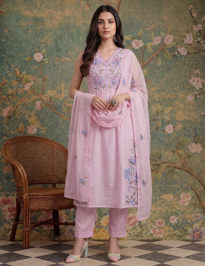 pink mull chanderi have a lining pleated kurta dupatta pant set