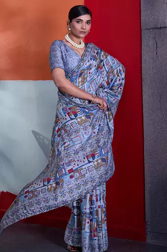 Blue cotton crepe geometrical printed saree